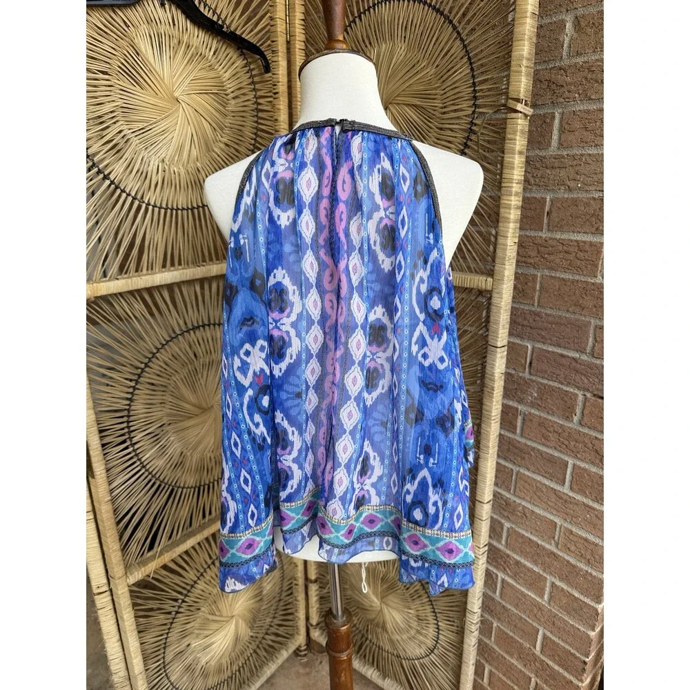 Zara Printed Swing Halter Tribal Print Blue Women’s Beaded Trim Sz S Roomy - Picture 7 of 8